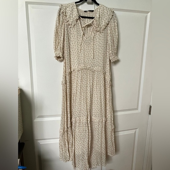 ZARA Floral Printed Muslin Midi Prairie Cottage Dress Ecru Beige - Picture 2 of 9